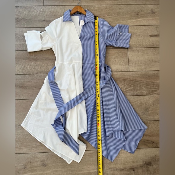 I:NA blue & white colorblock striped asymmetrical hem tie waist shirt dress NWT - Picture 16 of 16